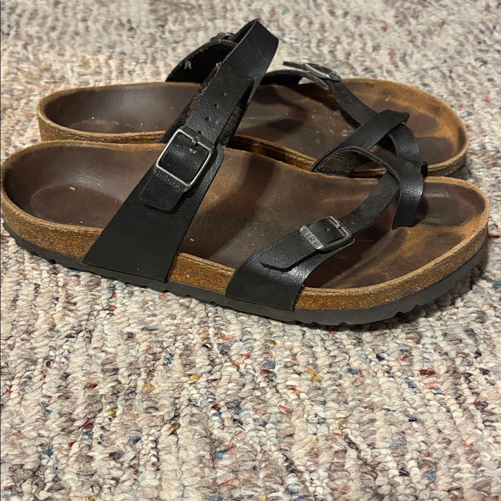 Birkenstock Mayari Black and Brown Cross-Strap Sandals